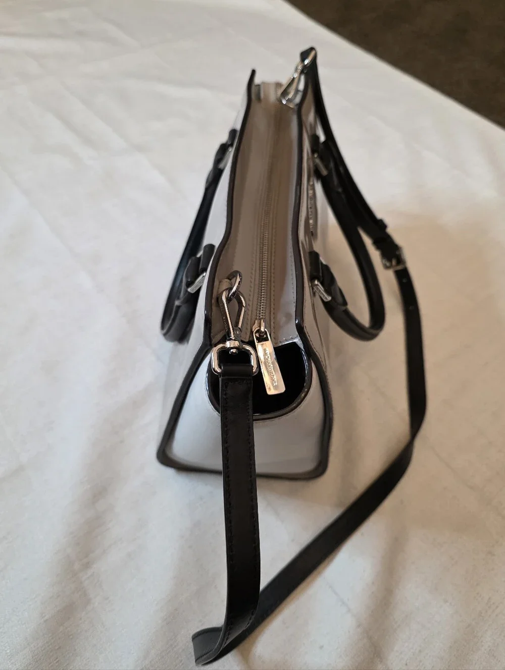 Michael Kors Selma Medium Patent Leather Satchel Crossbody Dark Cement Gray